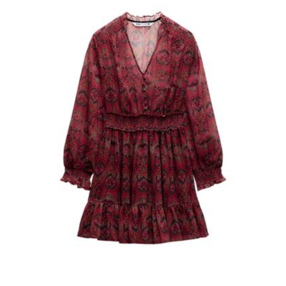 Zara Burgundy Gray Black Pleated Ruffled Bohemian Mini Dress Size XS